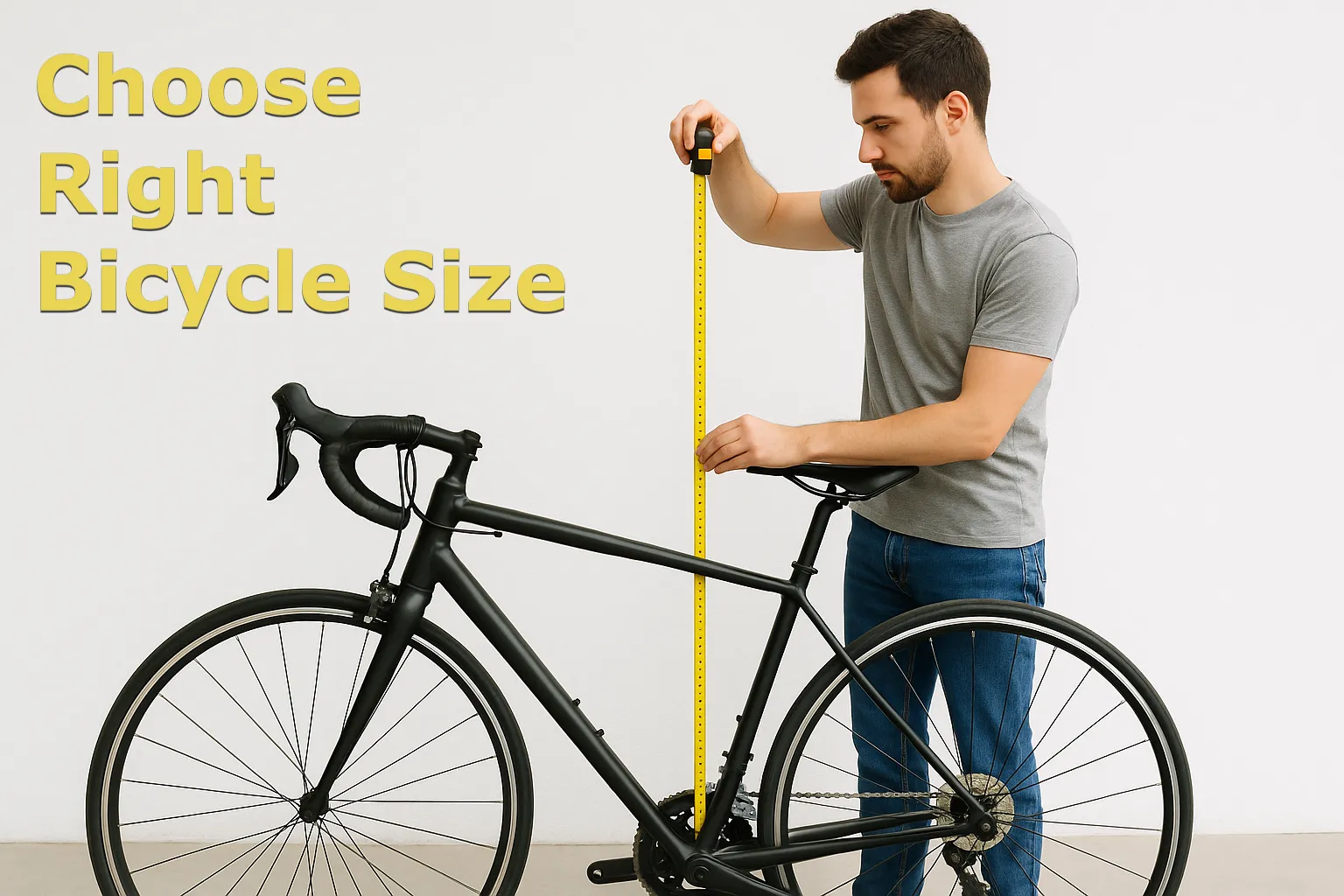 Man measuring bicycle frame to choose the right bike size