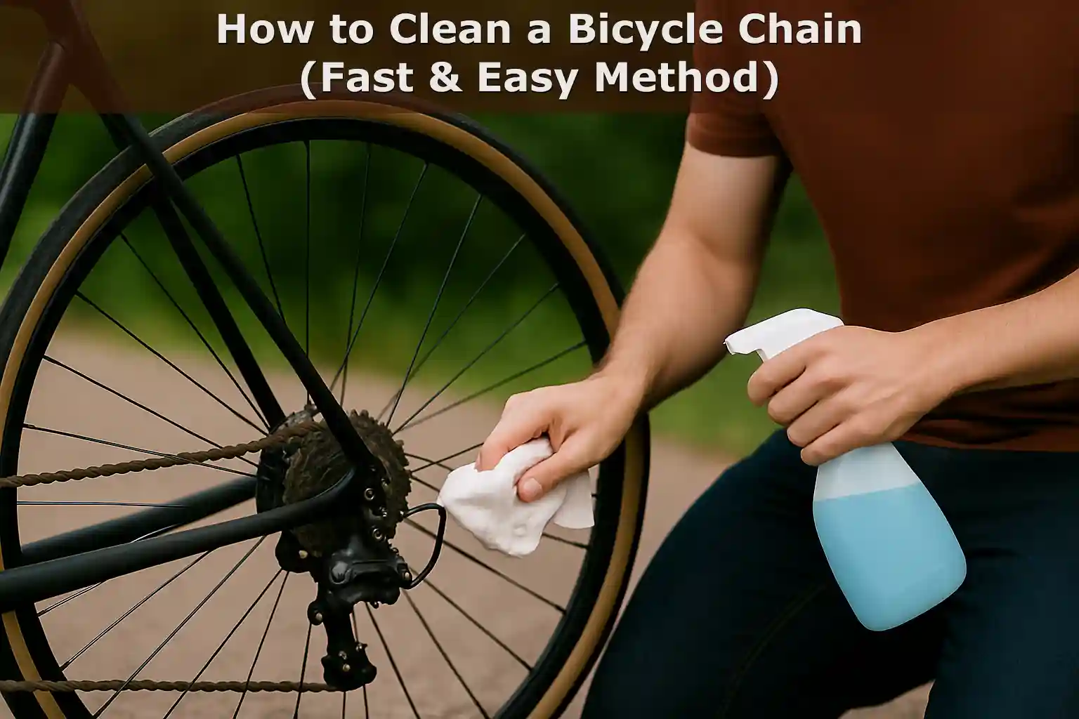 How to Clean a Bicycle Chain, and cyclist cleaning the bicycle chain after ride